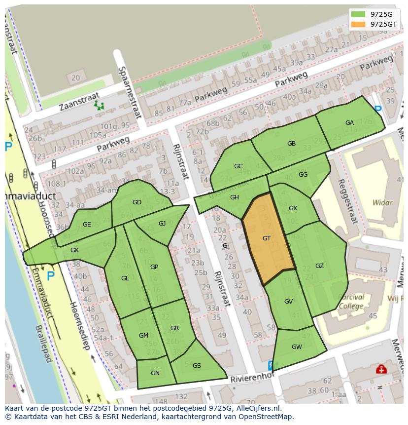 Afbeelding van het postcodegebied 9725 GT op de kaart.