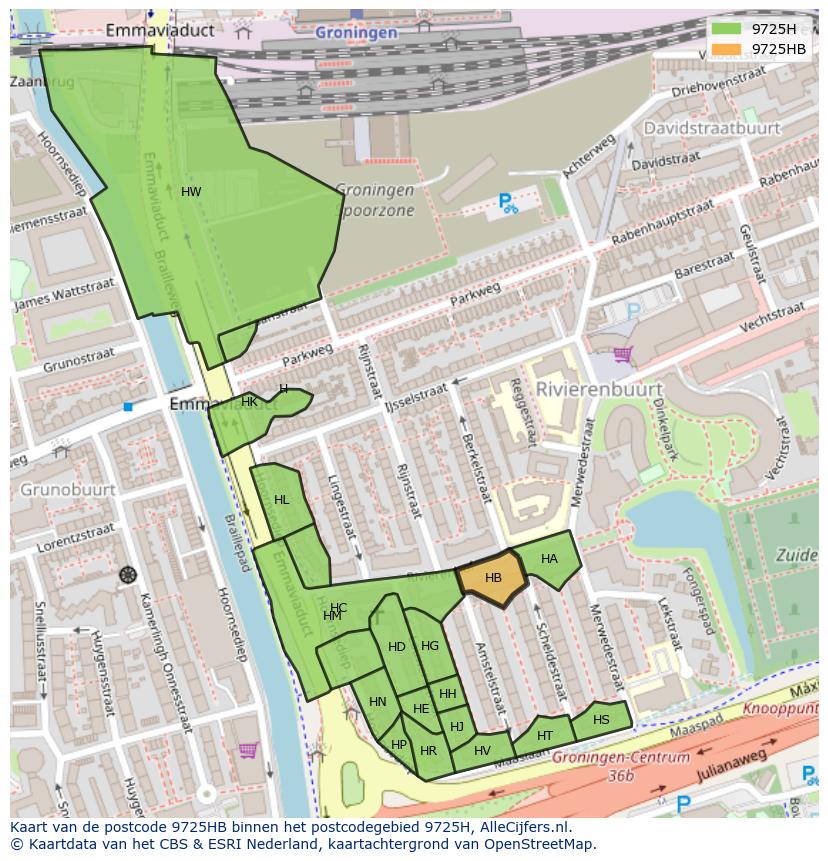 Afbeelding van het postcodegebied 9725 HB op de kaart.