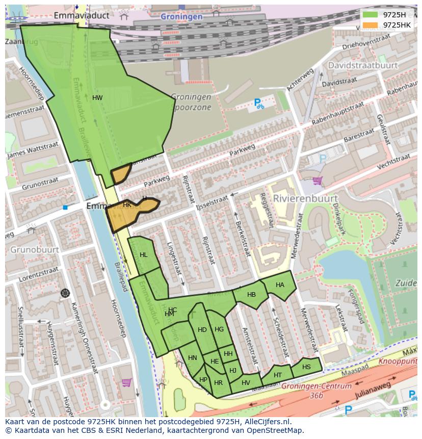 Afbeelding van het postcodegebied 9725 HK op de kaart.