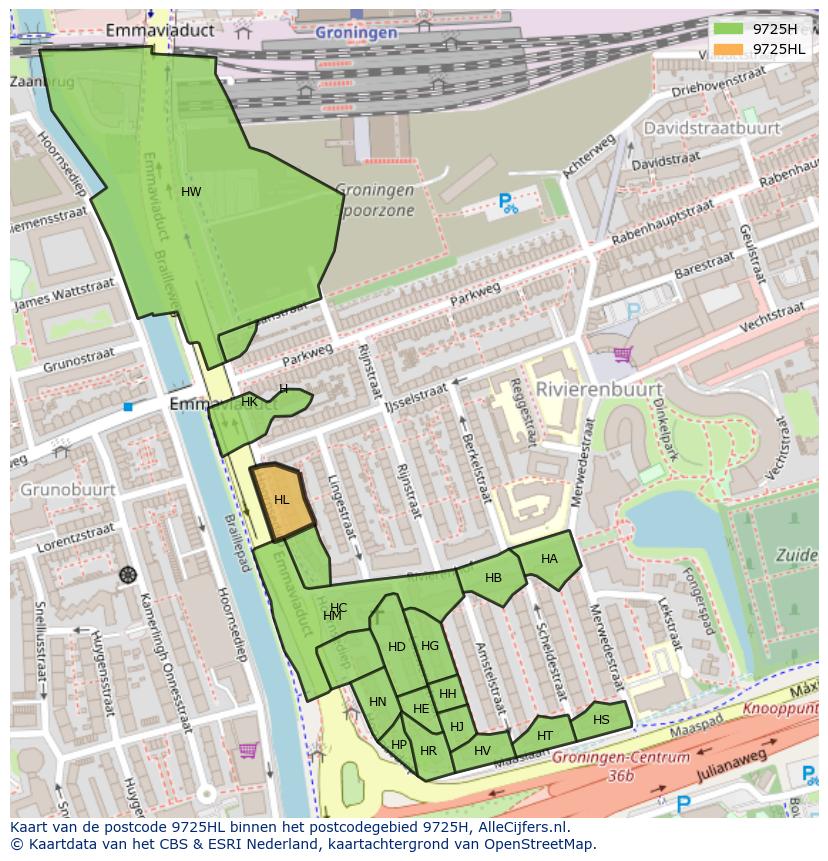 Afbeelding van het postcodegebied 9725 HL op de kaart.