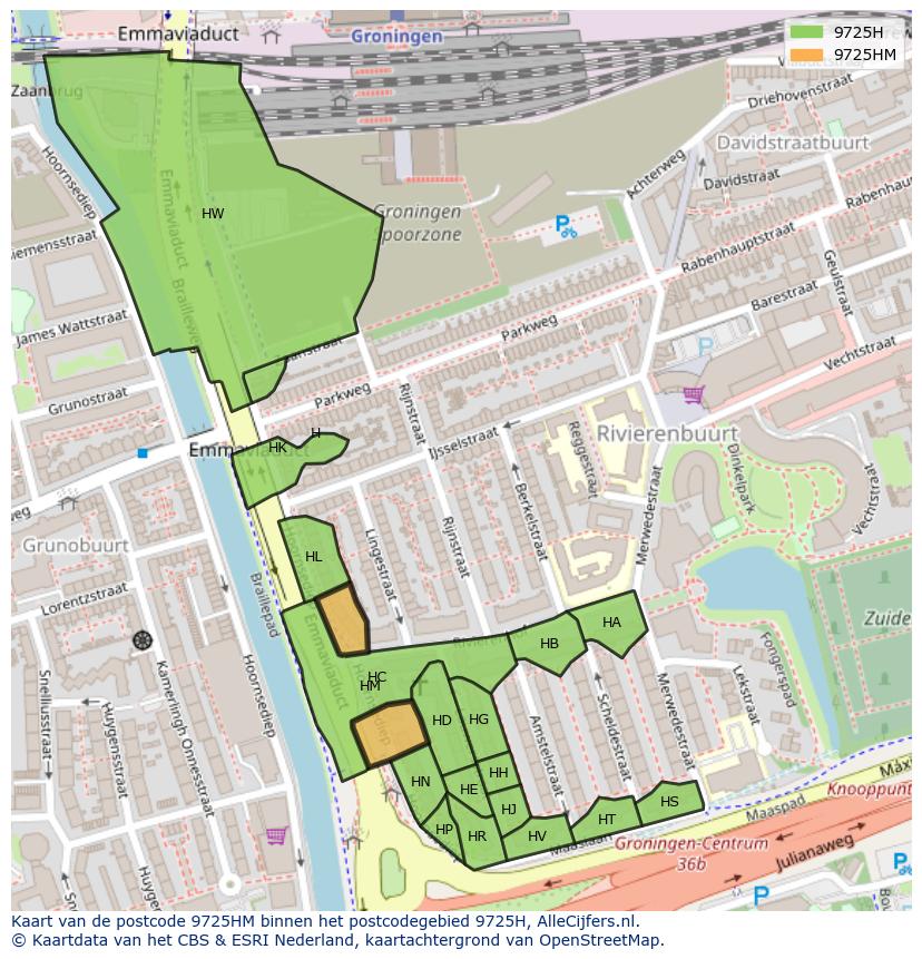 Afbeelding van het postcodegebied 9725 HM op de kaart.
