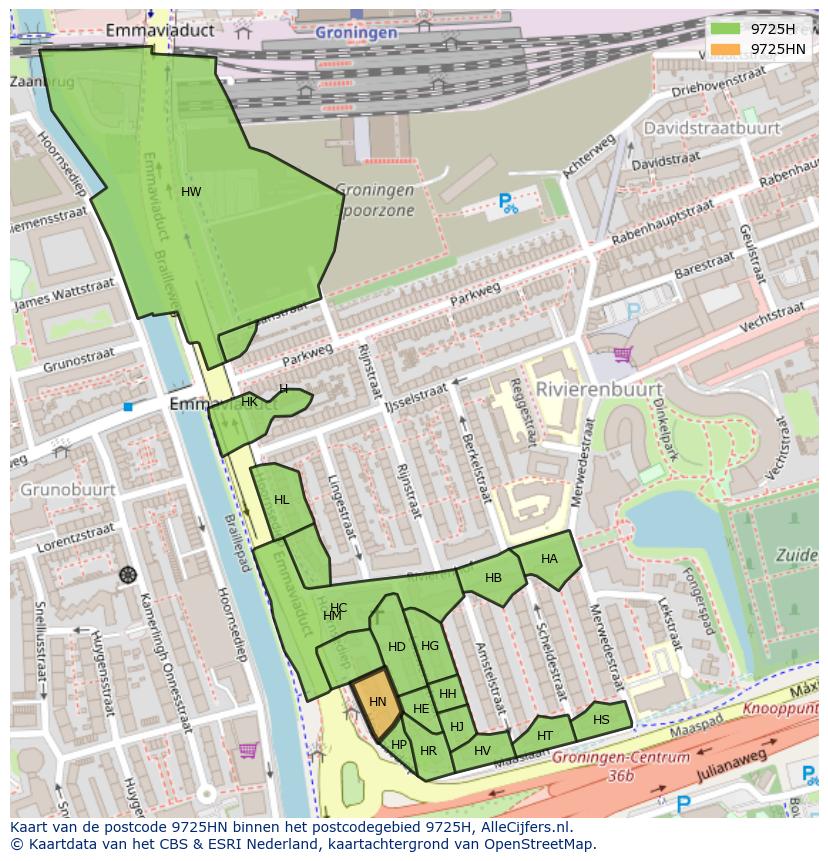 Afbeelding van het postcodegebied 9725 HN op de kaart.