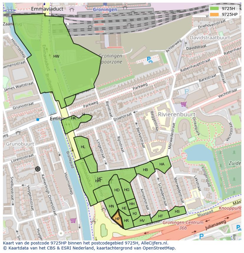 Afbeelding van het postcodegebied 9725 HP op de kaart.