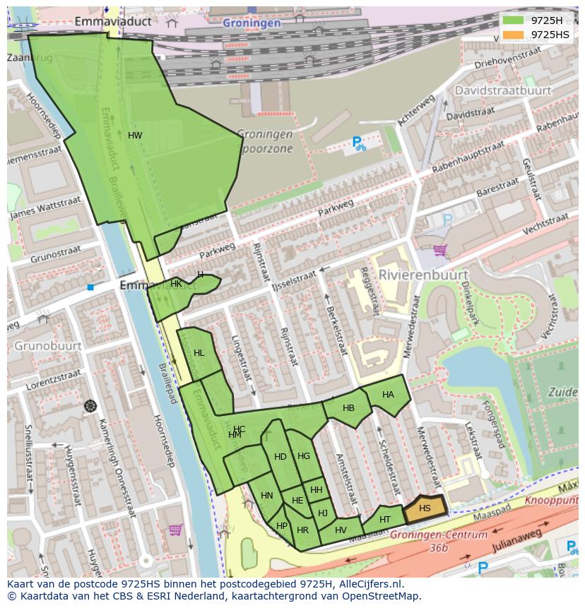 Afbeelding van het postcodegebied 9725 HS op de kaart.