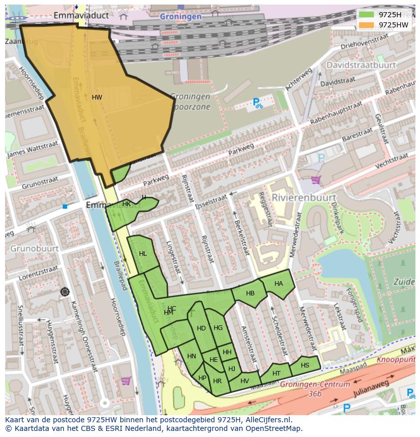 Afbeelding van het postcodegebied 9725 HW op de kaart.