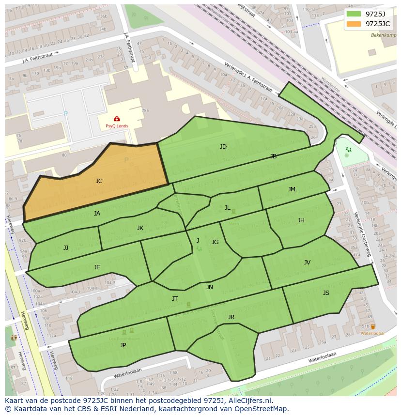 Afbeelding van het postcodegebied 9725 JC op de kaart.