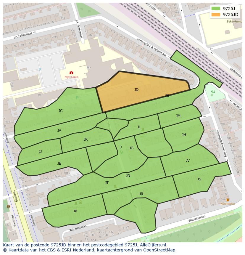 Afbeelding van het postcodegebied 9725 JD op de kaart.