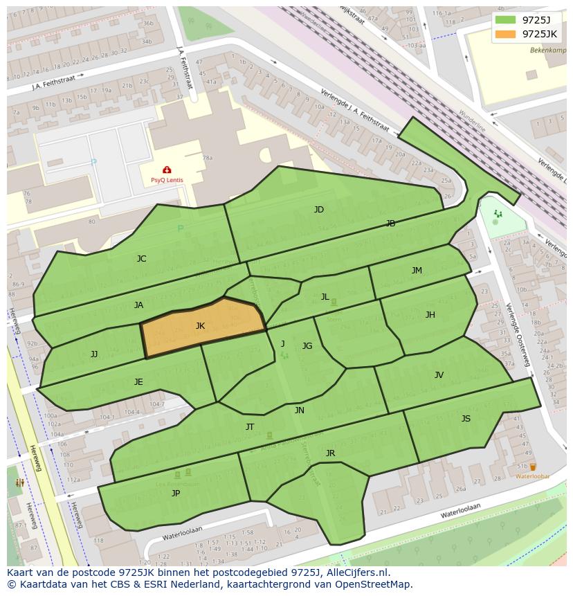 Afbeelding van het postcodegebied 9725 JK op de kaart.