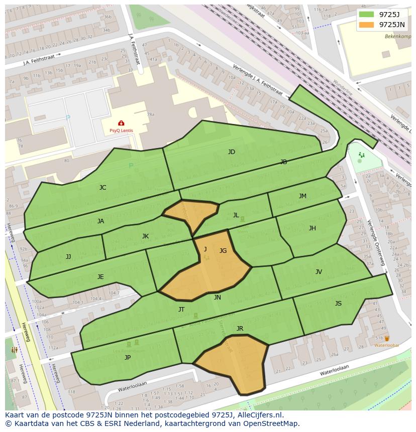 Afbeelding van het postcodegebied 9725 JN op de kaart.