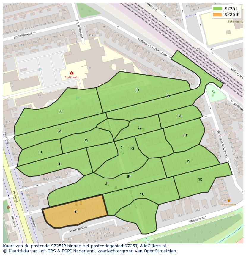 Afbeelding van het postcodegebied 9725 JP op de kaart.