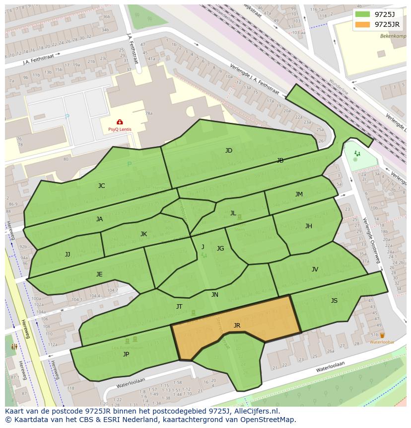 Afbeelding van het postcodegebied 9725 JR op de kaart.