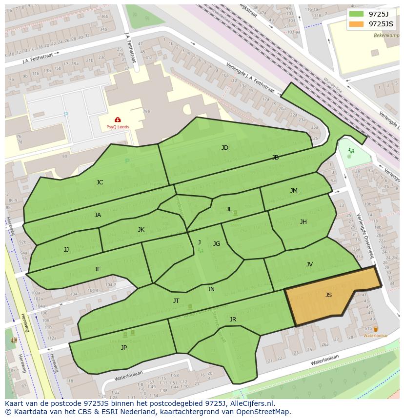 Afbeelding van het postcodegebied 9725 JS op de kaart.