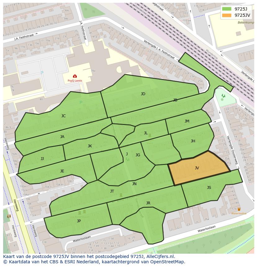 Afbeelding van het postcodegebied 9725 JV op de kaart.