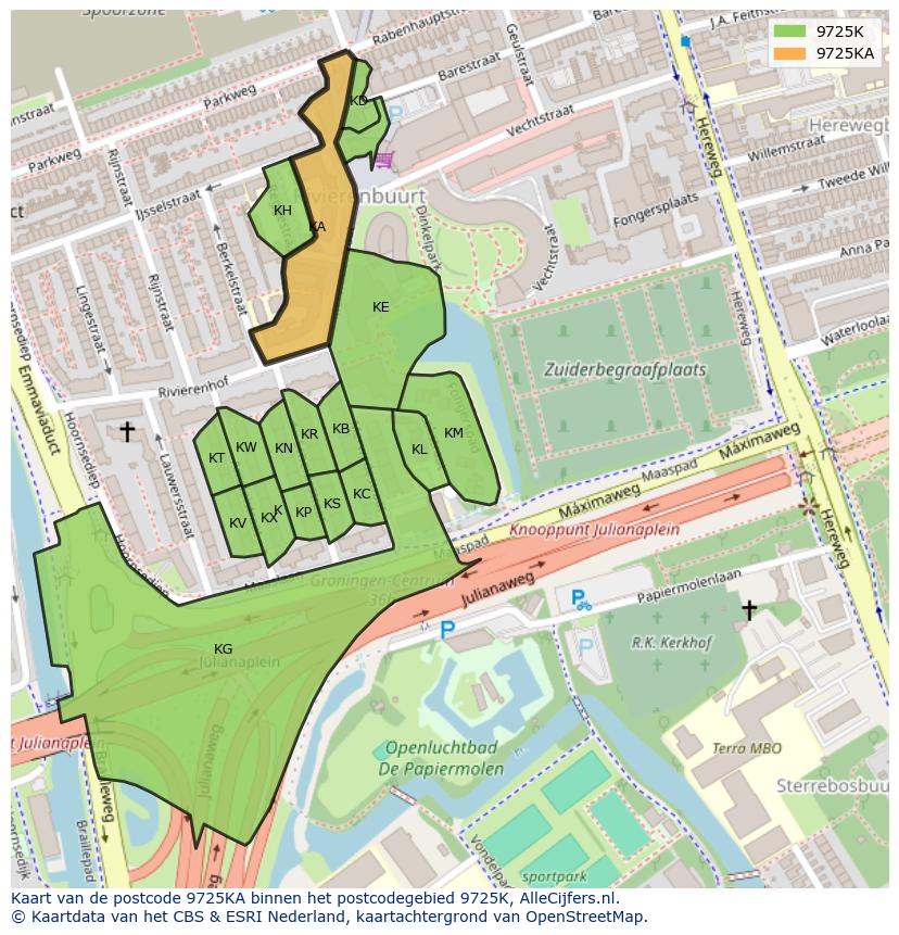 Afbeelding van het postcodegebied 9725 KA op de kaart.