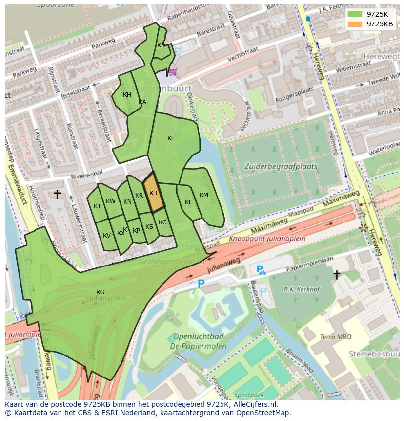 Afbeelding van het postcodegebied 9725 KB op de kaart.