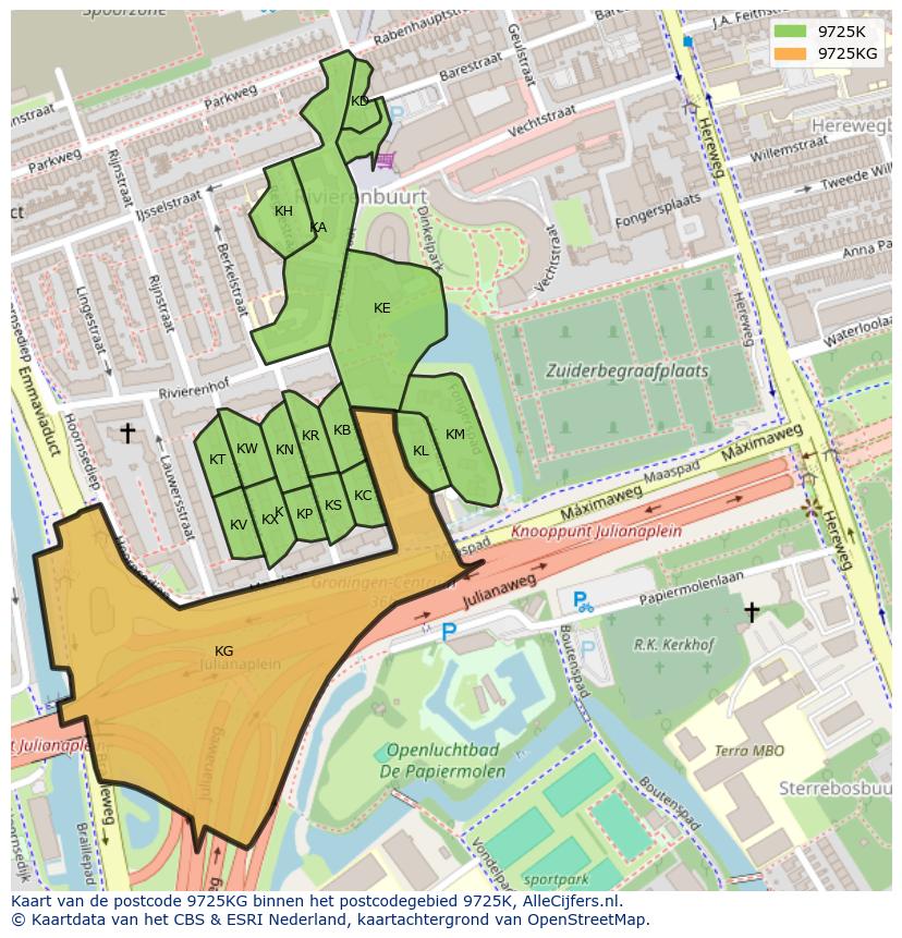 Afbeelding van het postcodegebied 9725 KG op de kaart.