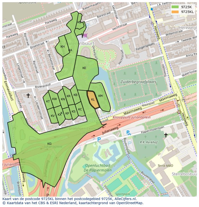 Afbeelding van het postcodegebied 9725 KL op de kaart.
