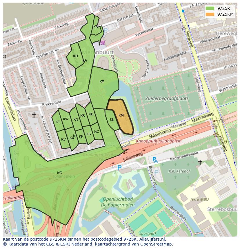 Afbeelding van het postcodegebied 9725 KM op de kaart.
