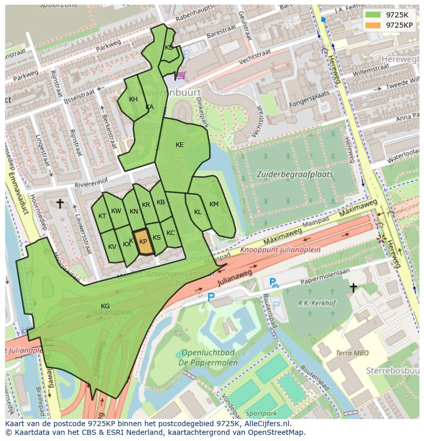 Afbeelding van het postcodegebied 9725 KP op de kaart.