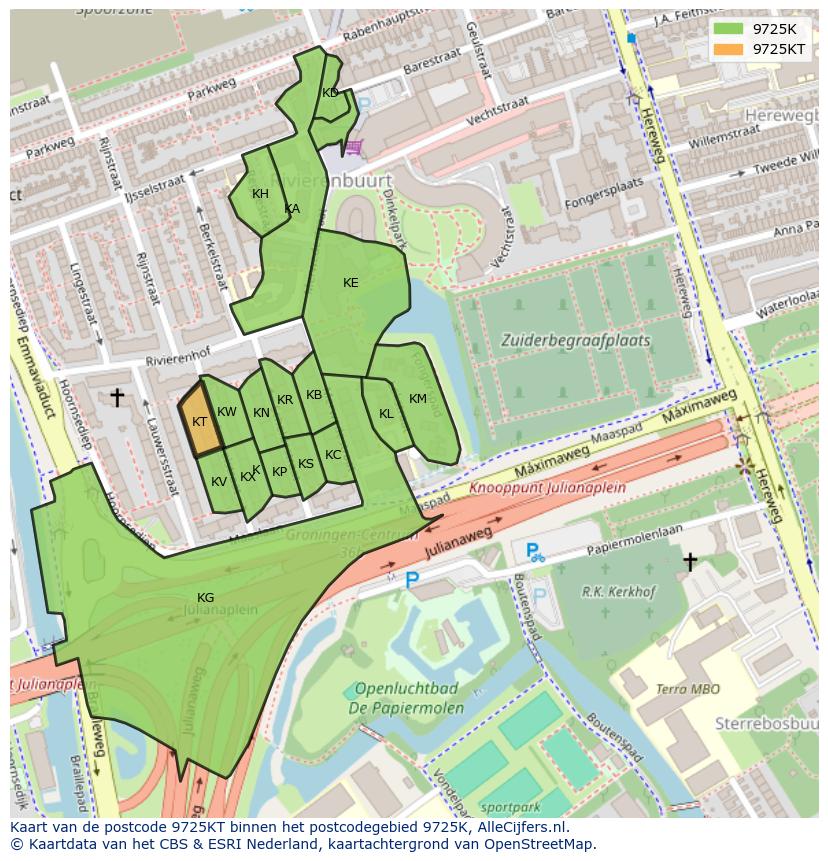 Afbeelding van het postcodegebied 9725 KT op de kaart.