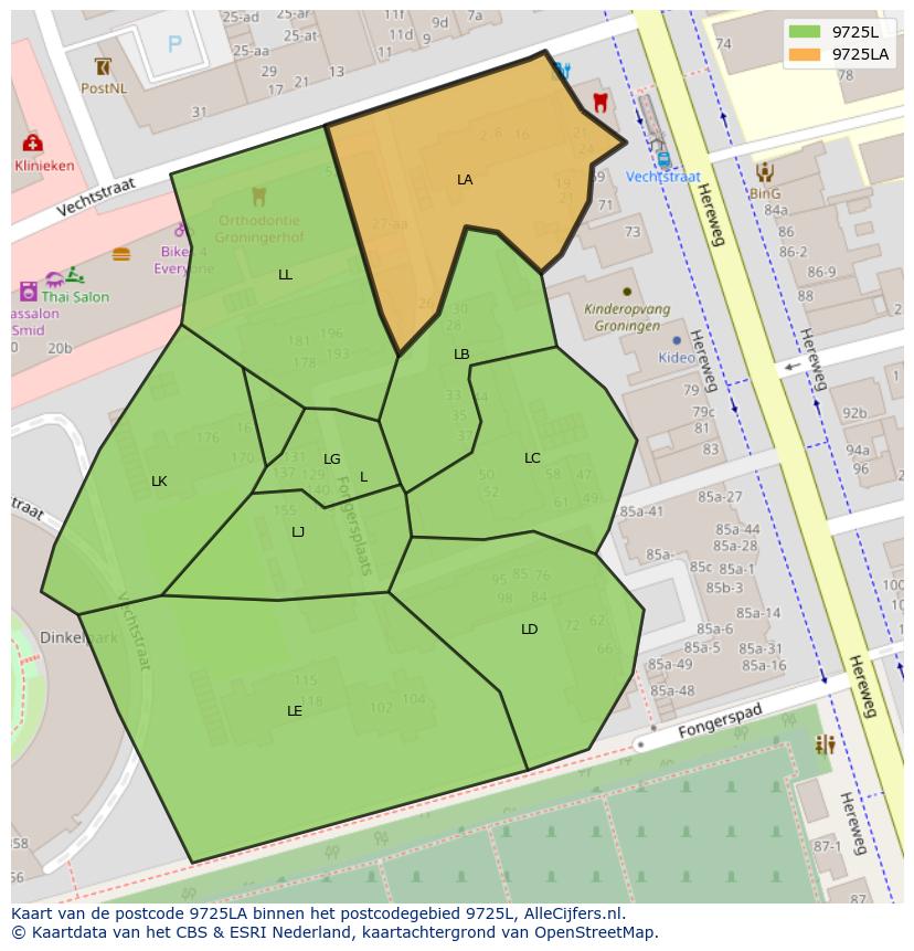 Afbeelding van het postcodegebied 9725 LA op de kaart.