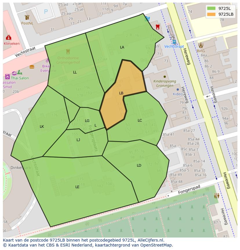 Afbeelding van het postcodegebied 9725 LB op de kaart.