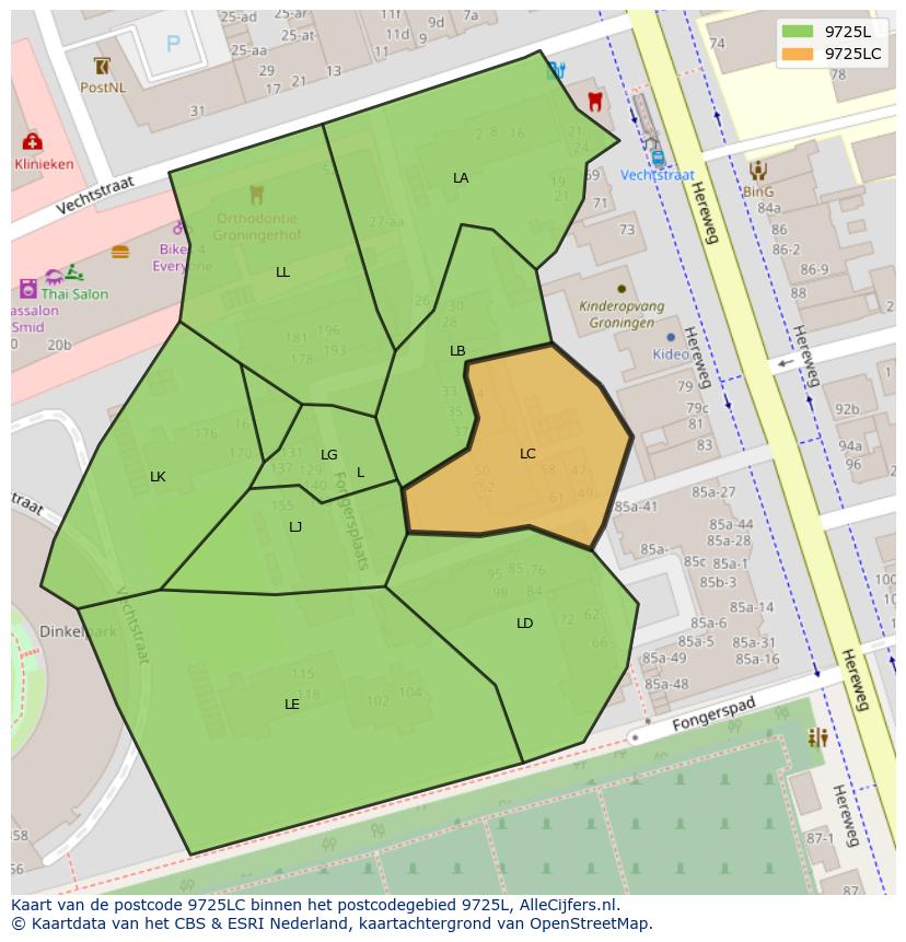 Afbeelding van het postcodegebied 9725 LC op de kaart.