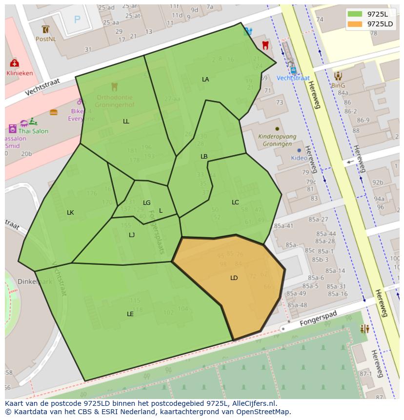 Afbeelding van het postcodegebied 9725 LD op de kaart.