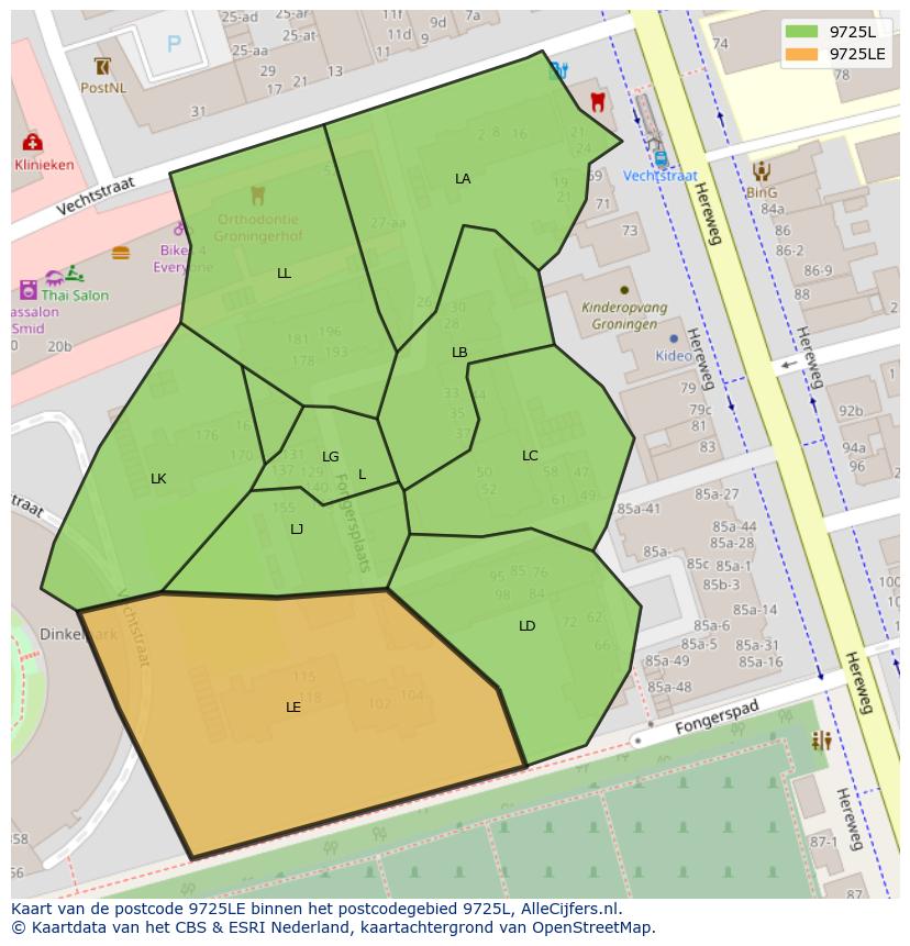 Afbeelding van het postcodegebied 9725 LE op de kaart.