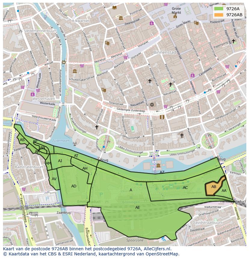 Afbeelding van het postcodegebied 9726 AB op de kaart.