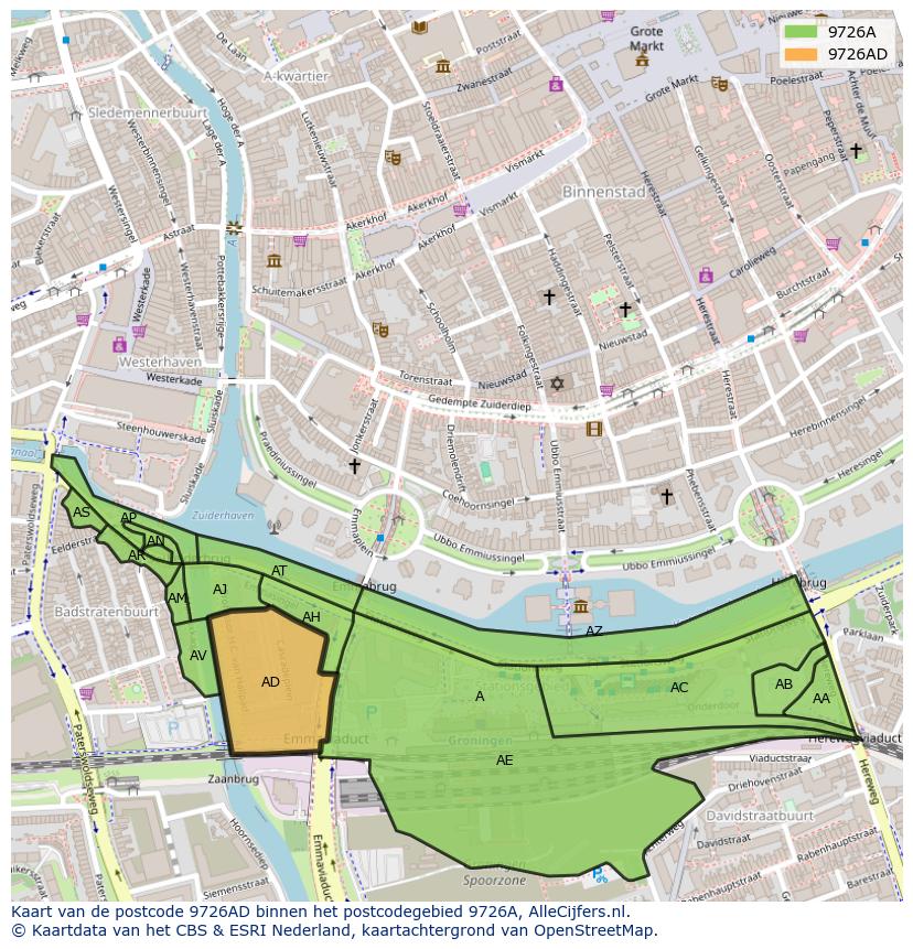 Afbeelding van het postcodegebied 9726 AD op de kaart.