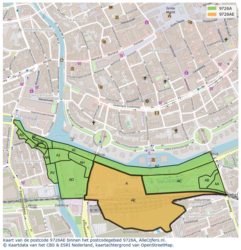 Afbeelding van het postcodegebied 9726 AE op de kaart.