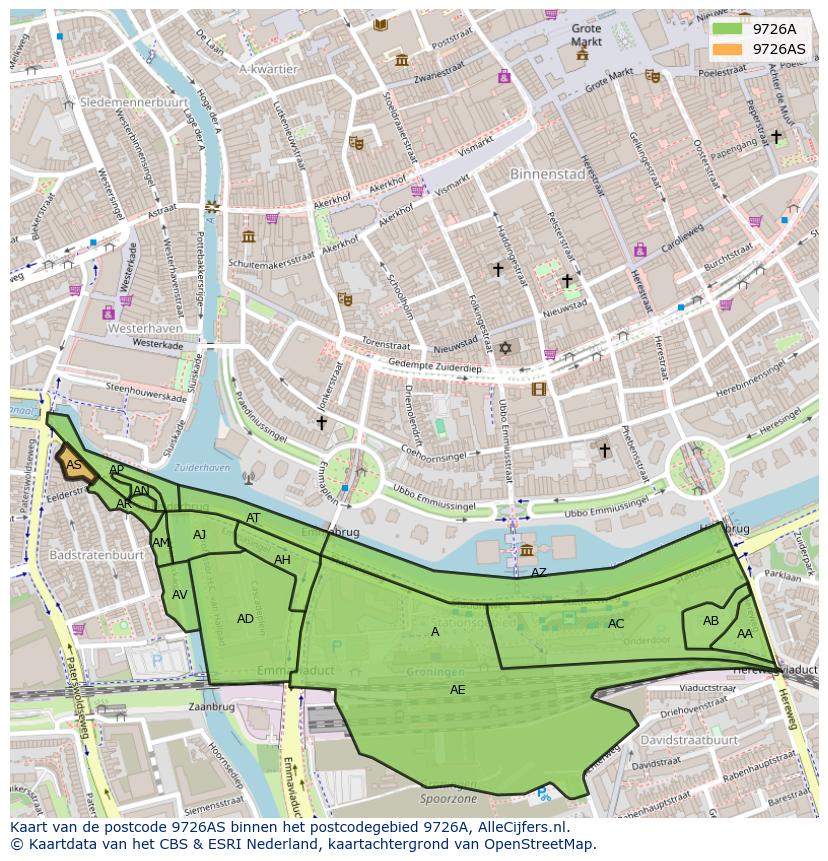 Afbeelding van het postcodegebied 9726 AS op de kaart.