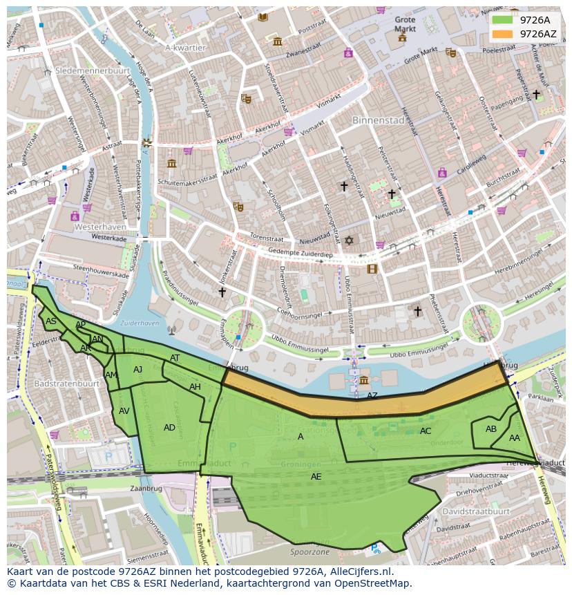 Afbeelding van het postcodegebied 9726 AZ op de kaart.