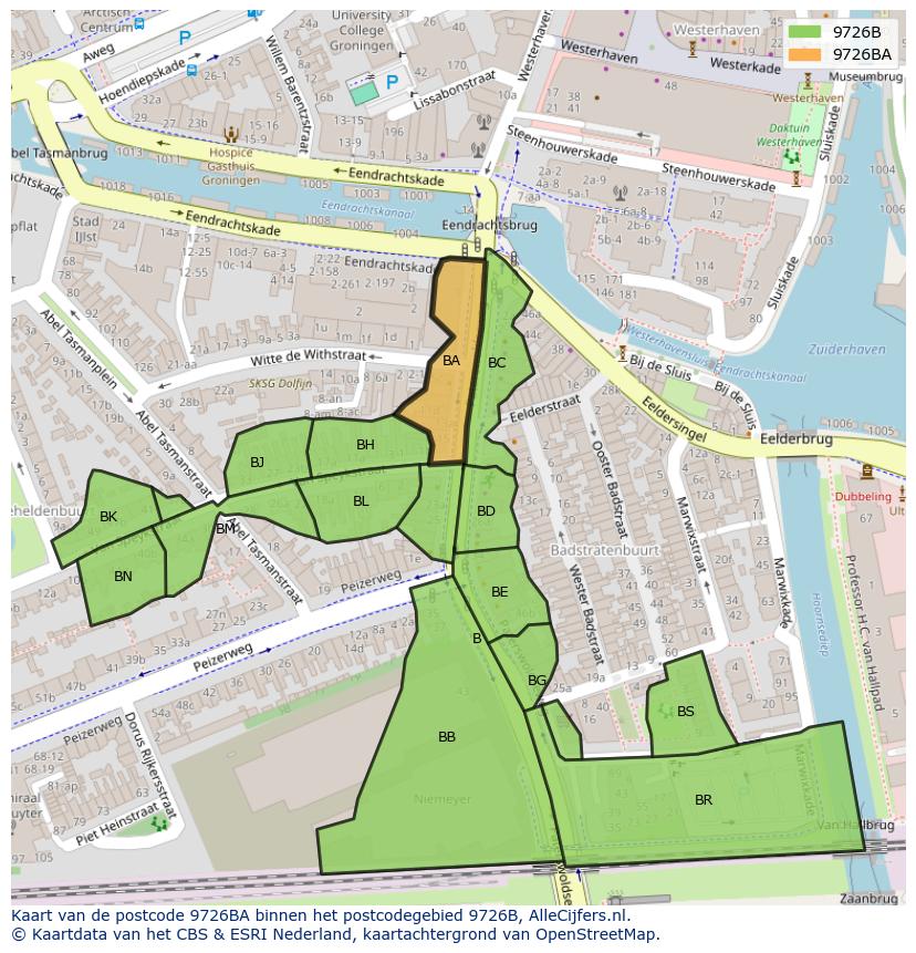 Afbeelding van het postcodegebied 9726 BA op de kaart.