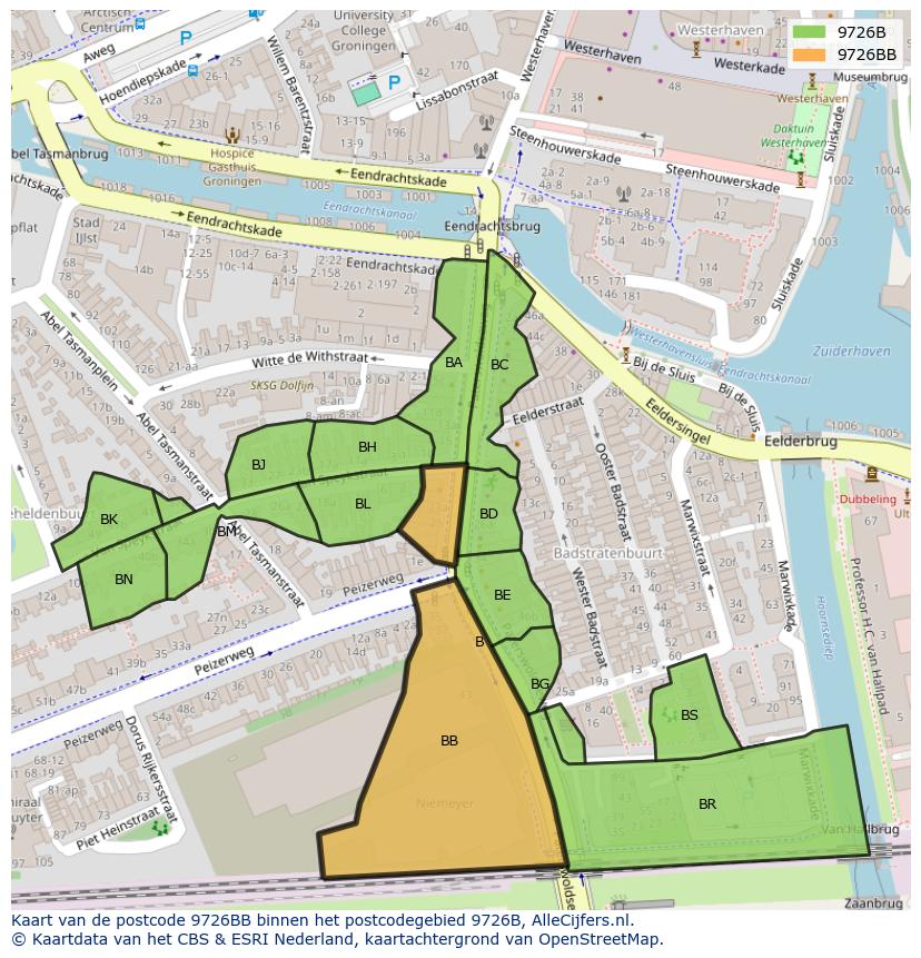 Afbeelding van het postcodegebied 9726 BB op de kaart.