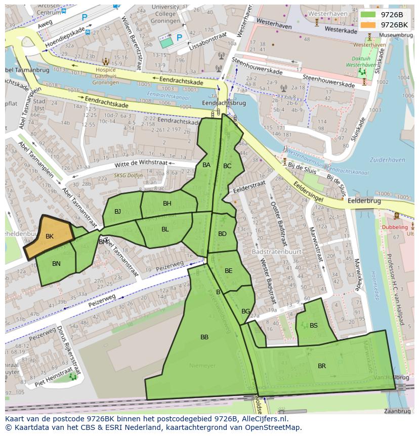 Afbeelding van het postcodegebied 9726 BK op de kaart.
