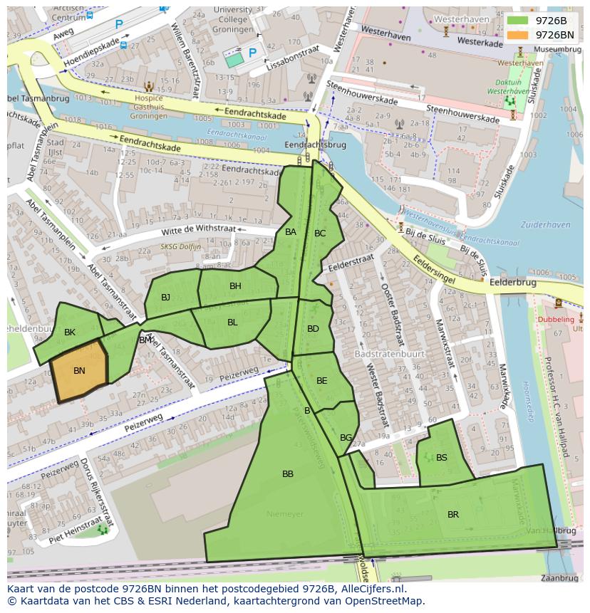 Afbeelding van het postcodegebied 9726 BN op de kaart.