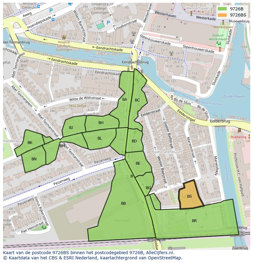 Afbeelding van het postcodegebied 9726 BS op de kaart.
