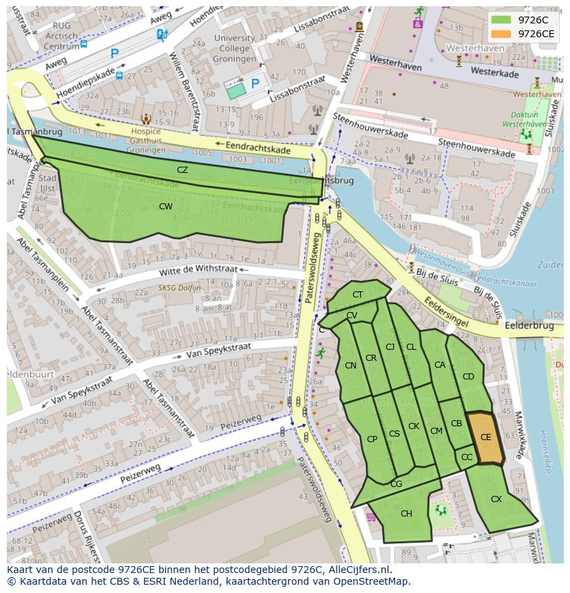 Afbeelding van het postcodegebied 9726 CE op de kaart.