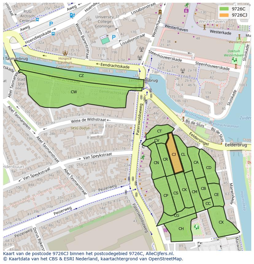 Afbeelding van het postcodegebied 9726 CJ op de kaart.