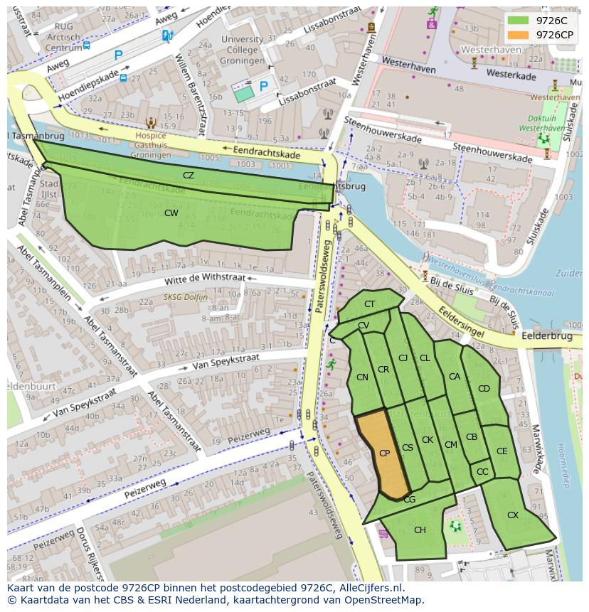 Afbeelding van het postcodegebied 9726 CP op de kaart.