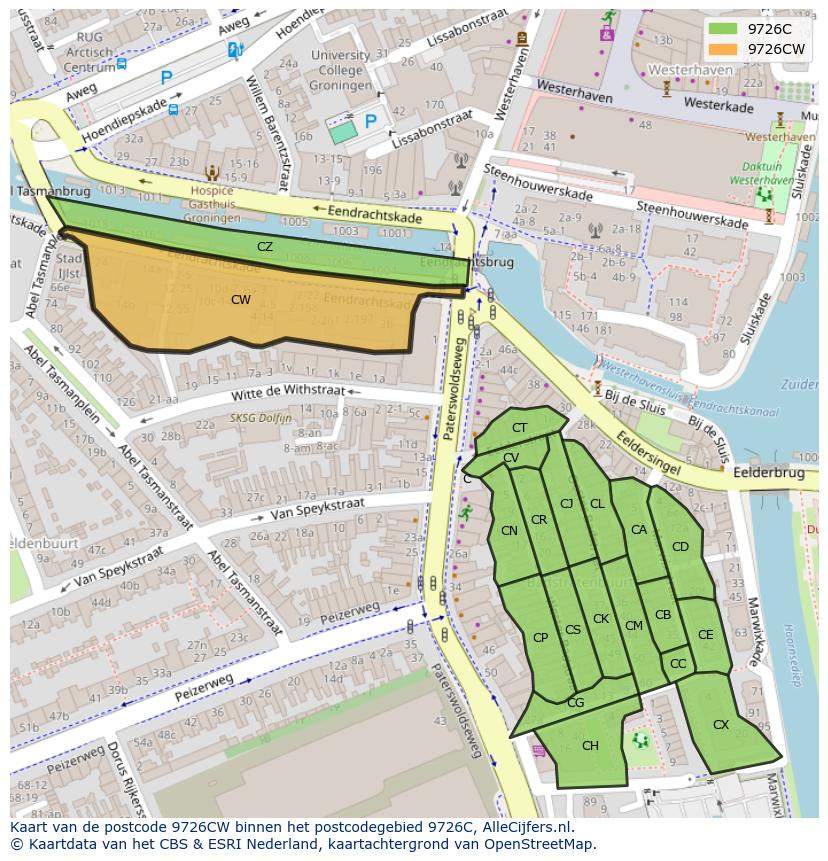 Afbeelding van het postcodegebied 9726 CW op de kaart.