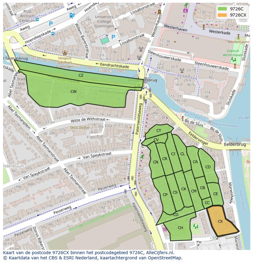Afbeelding van het postcodegebied 9726 CX op de kaart.