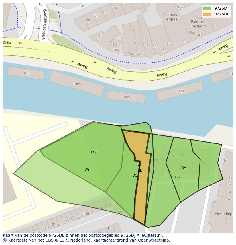 Afbeelding van het postcodegebied 9726 DE op de kaart.