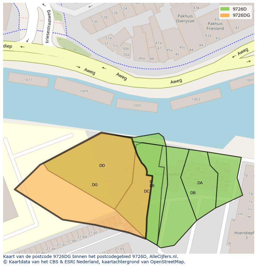 Afbeelding van het postcodegebied 9726 DG op de kaart.