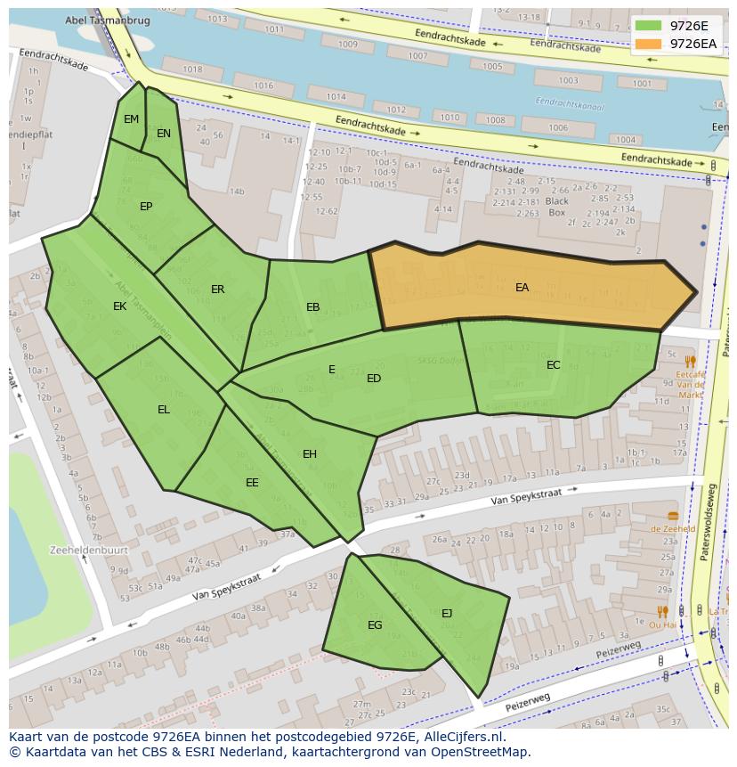 Afbeelding van het postcodegebied 9726 EA op de kaart.