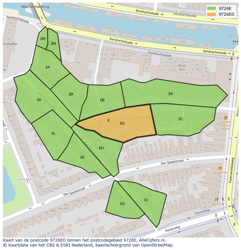 Afbeelding van het postcodegebied 9726 ED op de kaart.