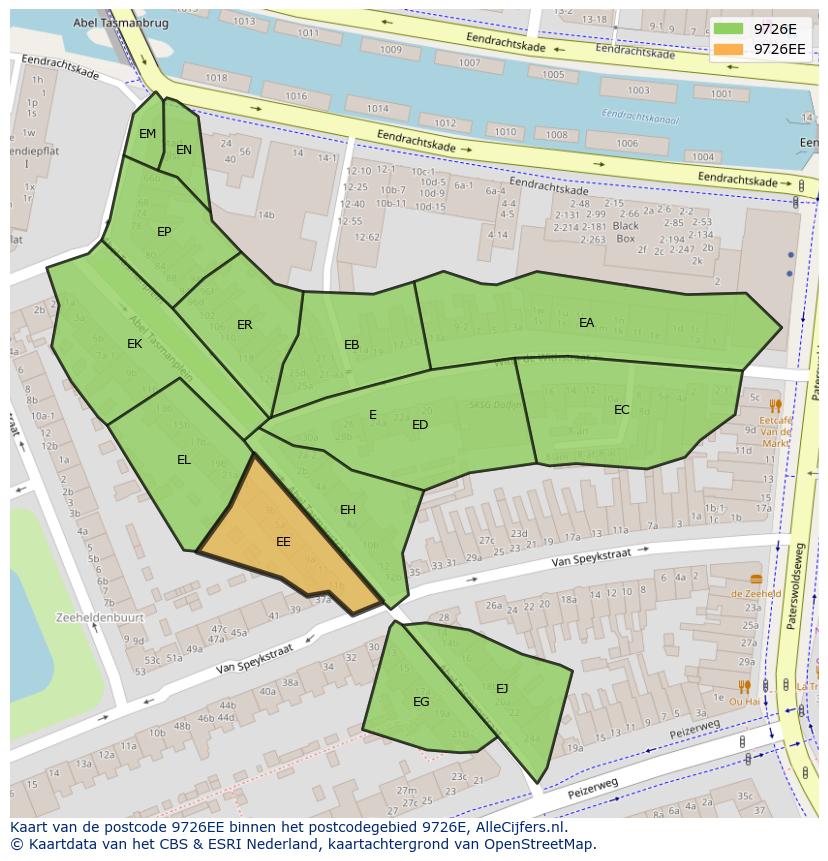 Afbeelding van het postcodegebied 9726 EE op de kaart.