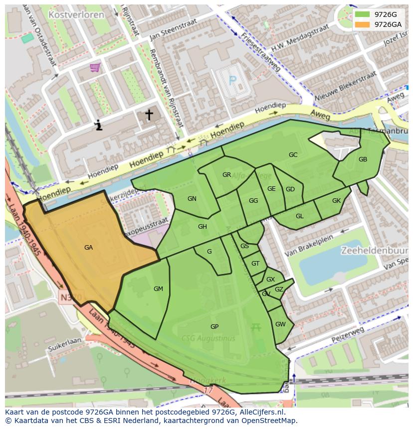 Afbeelding van het postcodegebied 9726 GA op de kaart.